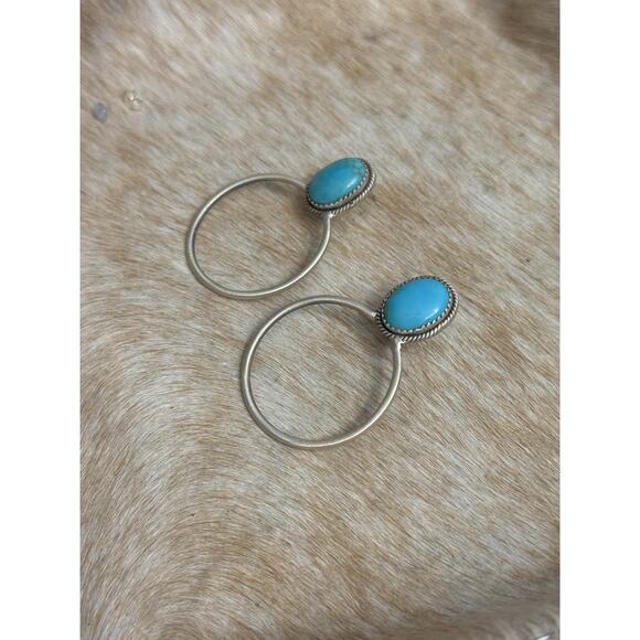 Huge Native American Sterling Silver Blue Kingman Turquoise Hoop Post Earrings - Picture 12 of 16
